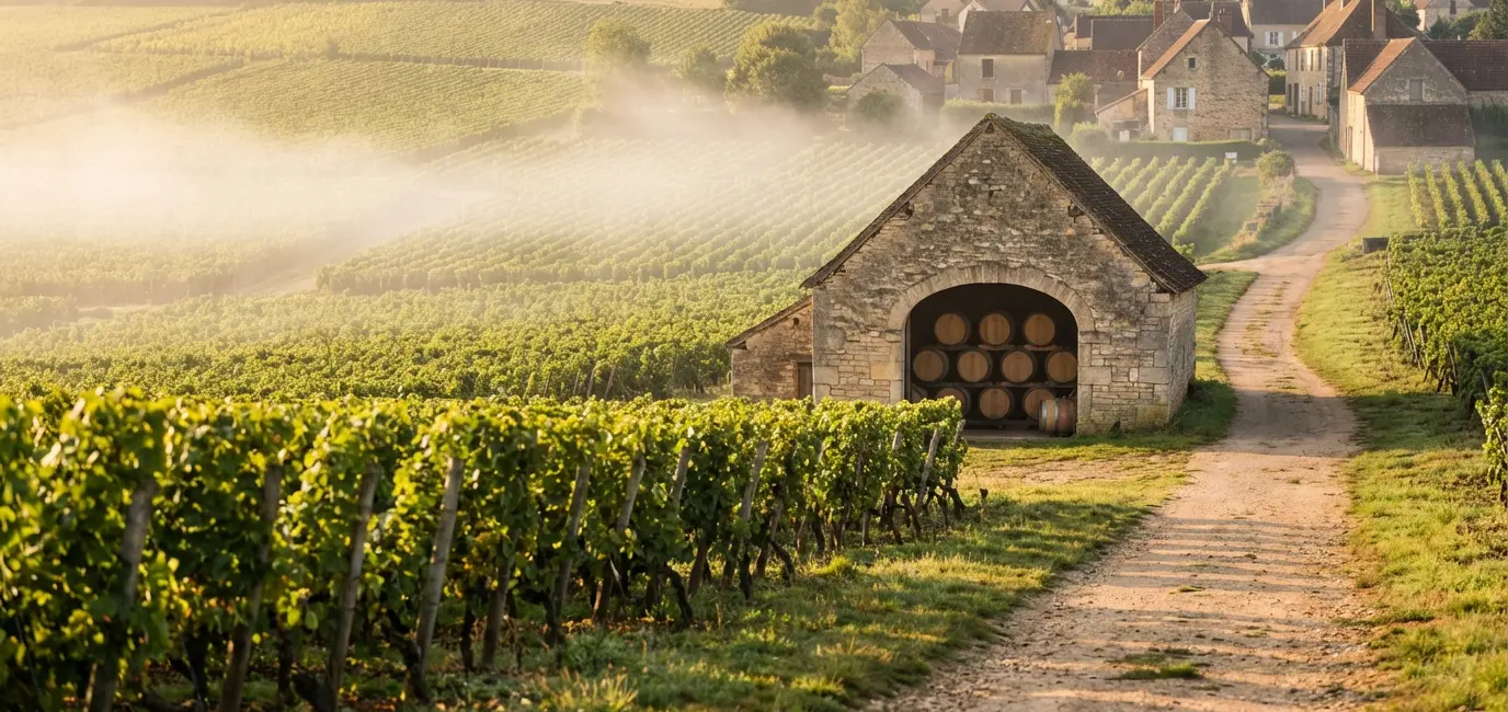French Burgundy Chardonnay vineyard morning mist stone wine cellar barrels
