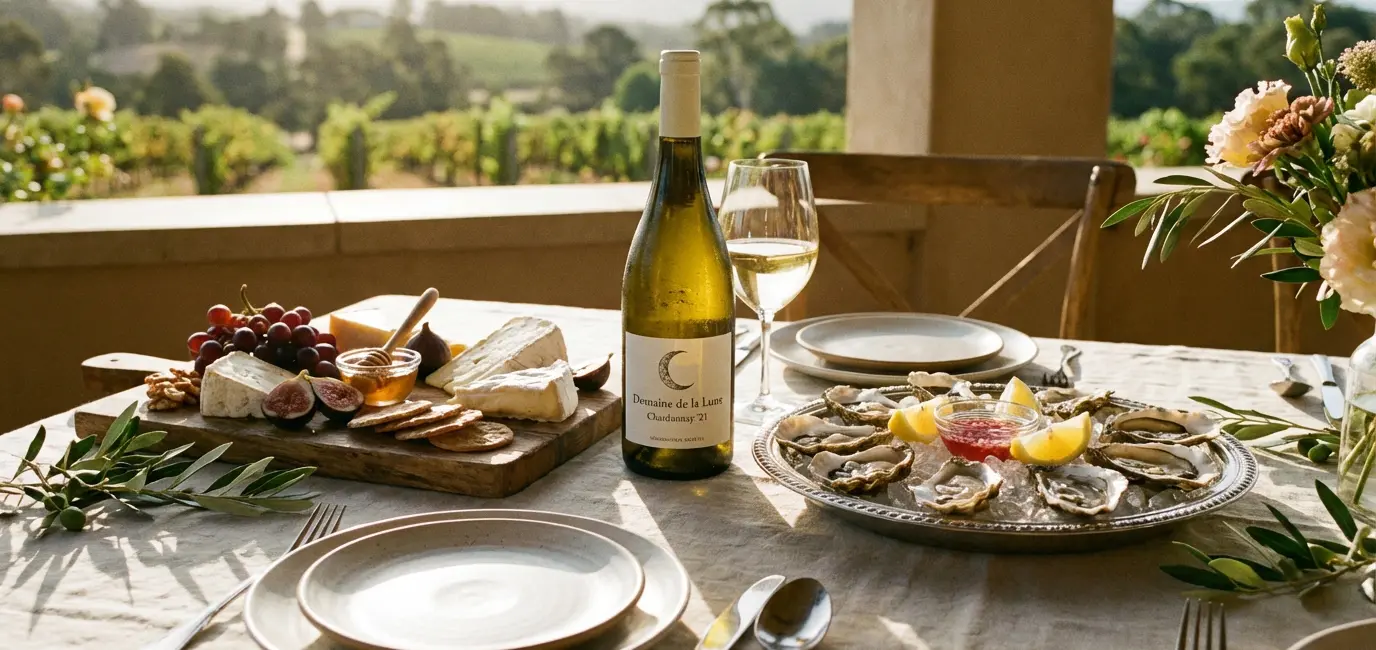 best Chardonnay under 20 pairing cheese board oysters lemon dining table afternoon light