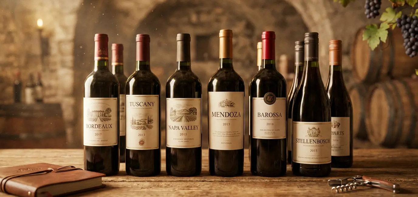 international Chardonnay wine bottles lineup wooden table diverse wine regions