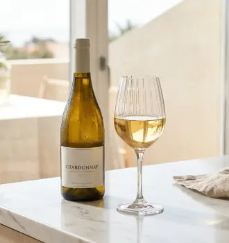 best Chardonnay under 20 chilled bottle condensation marble counter wine glass afternoon light