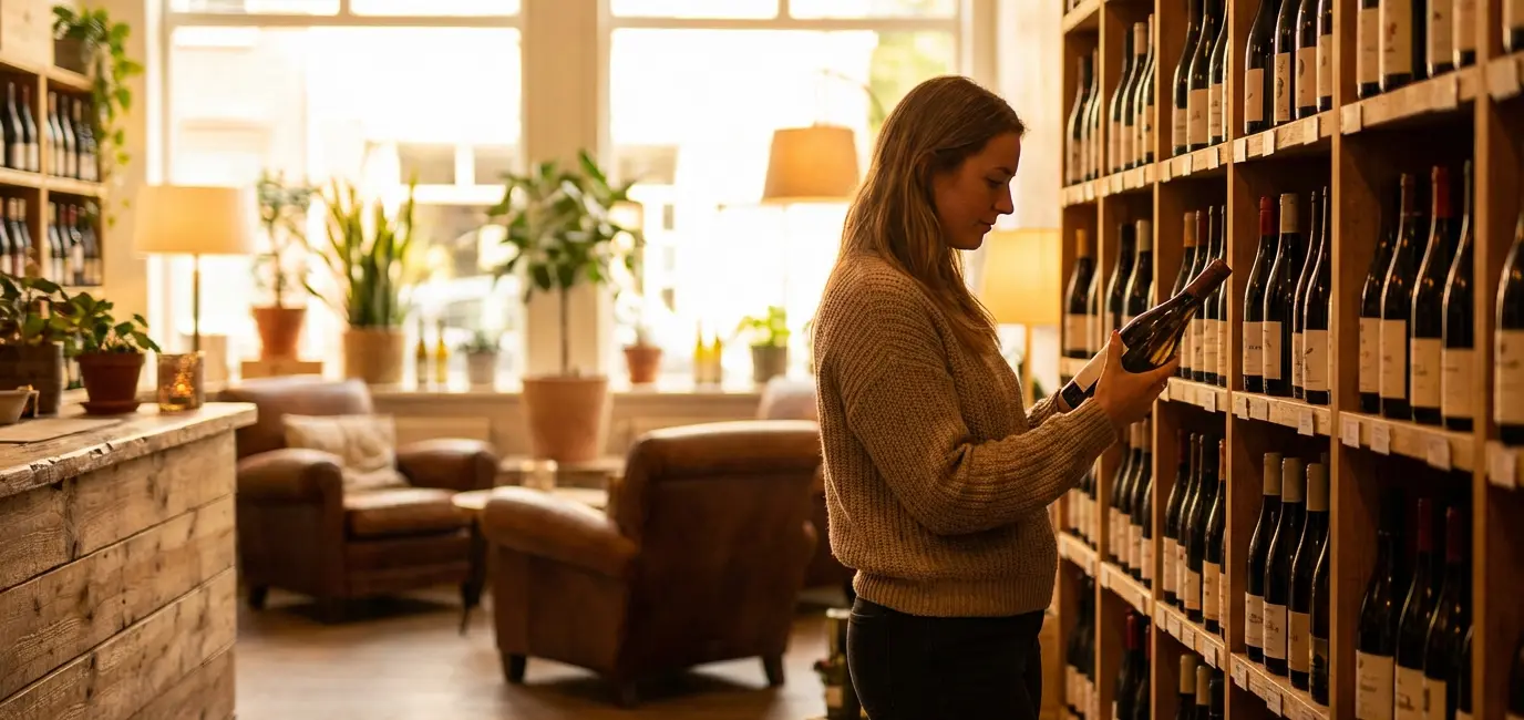 woman browsing wine bottles at wine shop choosing best wine for beginners