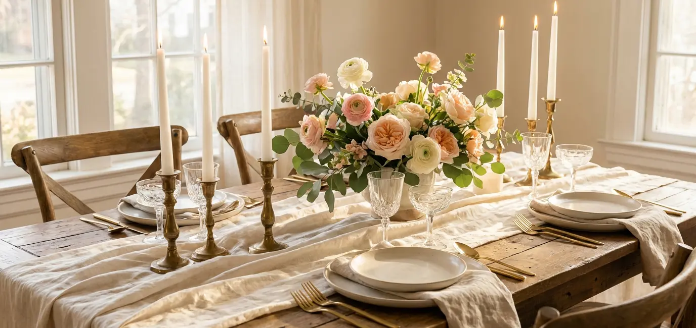 dining room decor ideas styled table cream linen tablecloth brass candlesticks floral centerpiece