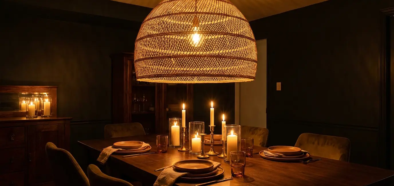 dining room decor ideas woven rattan pendant chandelier warm amber glow moody evening table