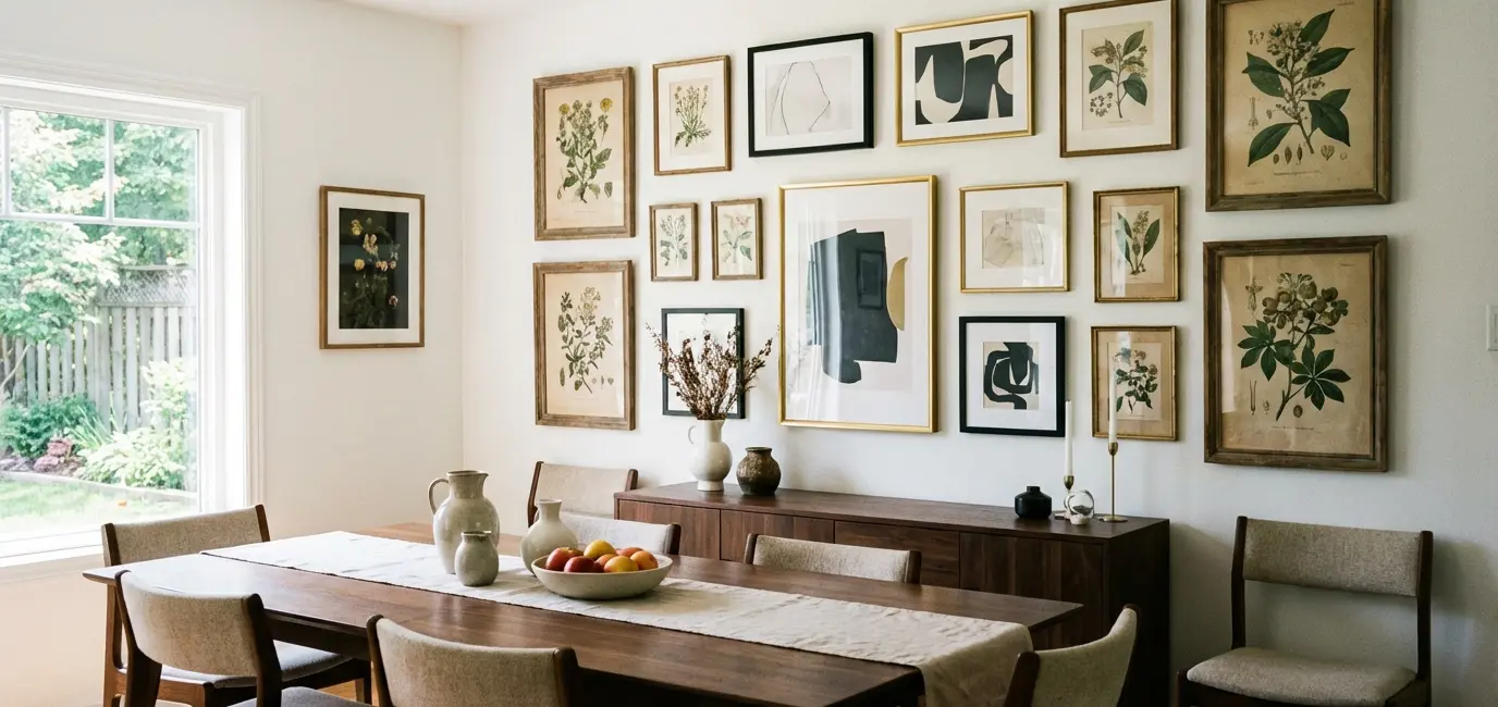 dining room decor ideas gallery wall framed botanical art prints white walls dark wood furniture