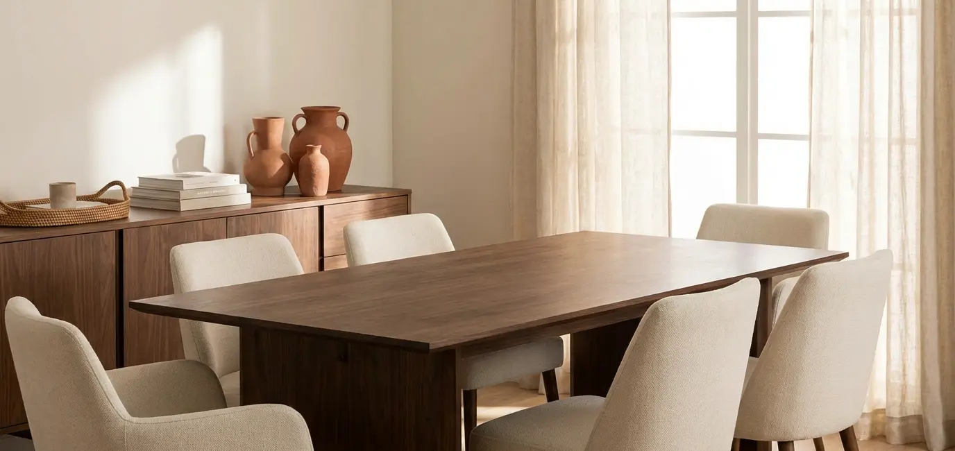 dining room decor ideas upholstered cream chairs walnut dining table sideboard natural light