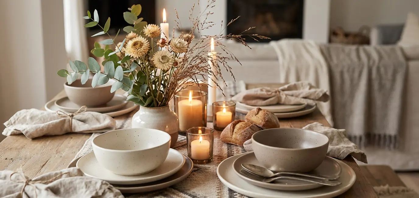 dining room decor ideas close-up linen napkins patterned table runner eucalyptus ceramic dinnerware