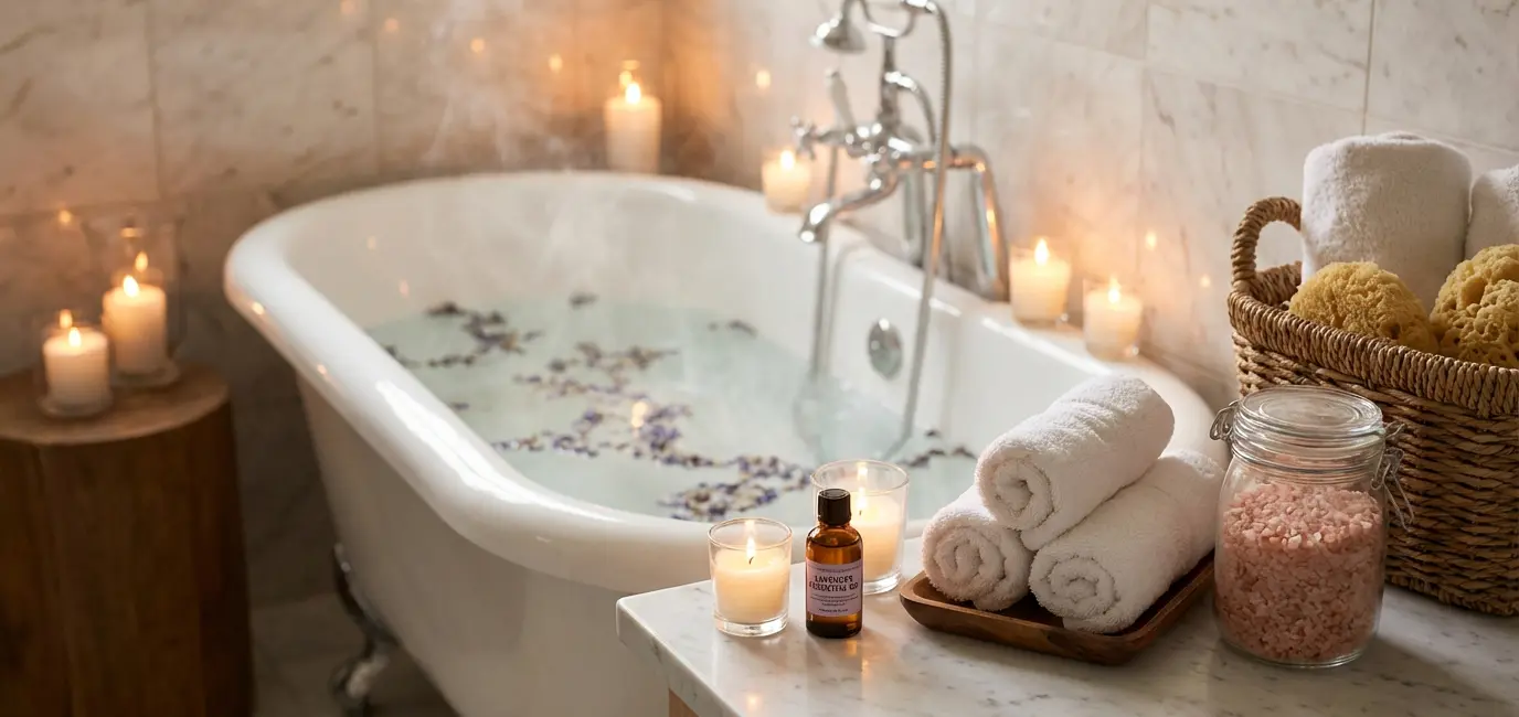 calming aromatherapy bath ritual with candles lavender oil and bath salts spa atmosphere