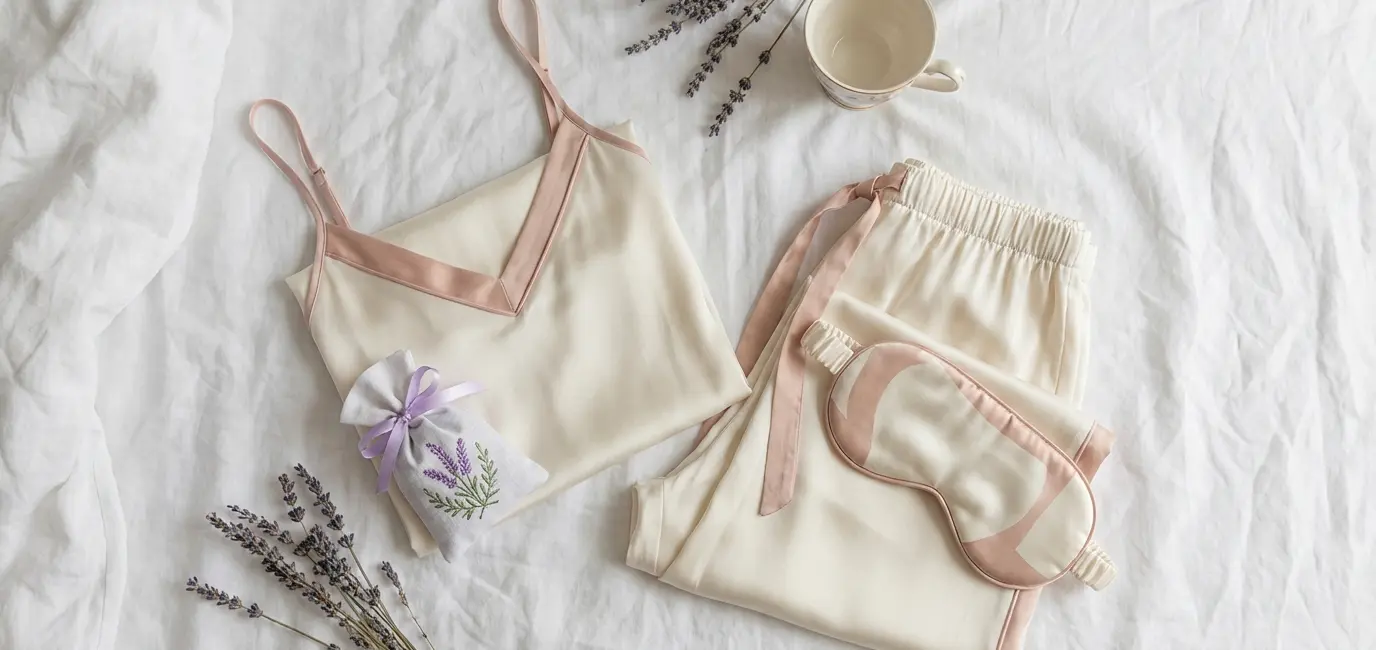 luxurious silk pajama set flatlay on soft white linen bedding with sleep mask and lavender