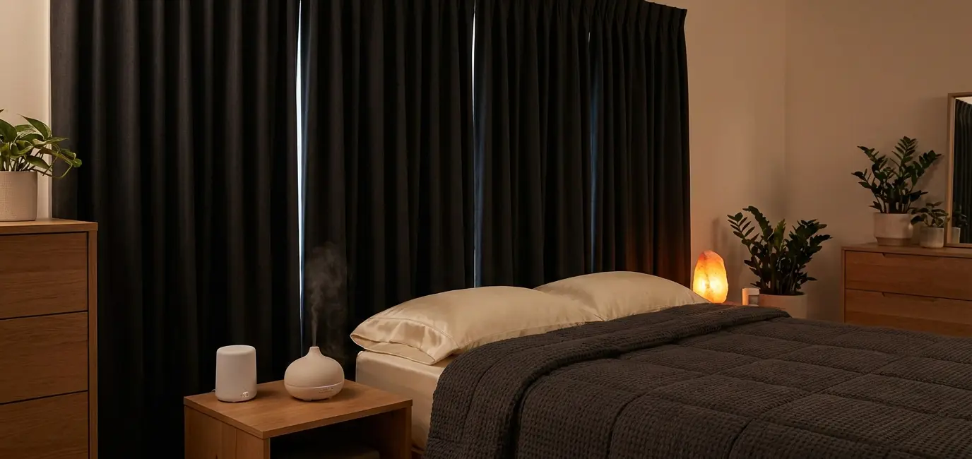 minimalist bedroom sanctuary at dusk with salt lamp glow silk pillowcase and diffuser mist