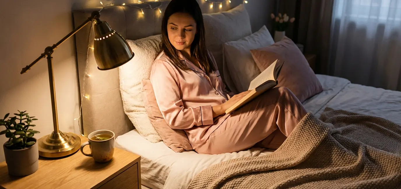 woman in silk pajamas reading a book by warm golden lamplight in a cozy bedroom