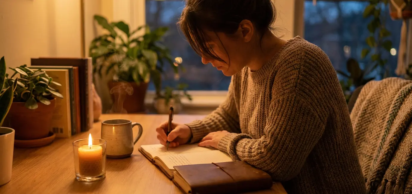woman journaling by candlelight with chamomile tea in evening wind-down routine