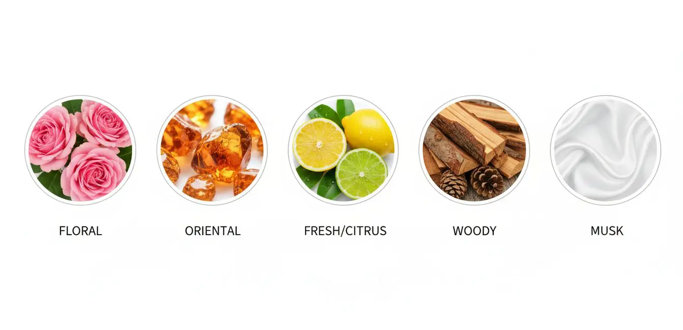 the five fragrance families chart -- floral oriental fresh woody musk perfume