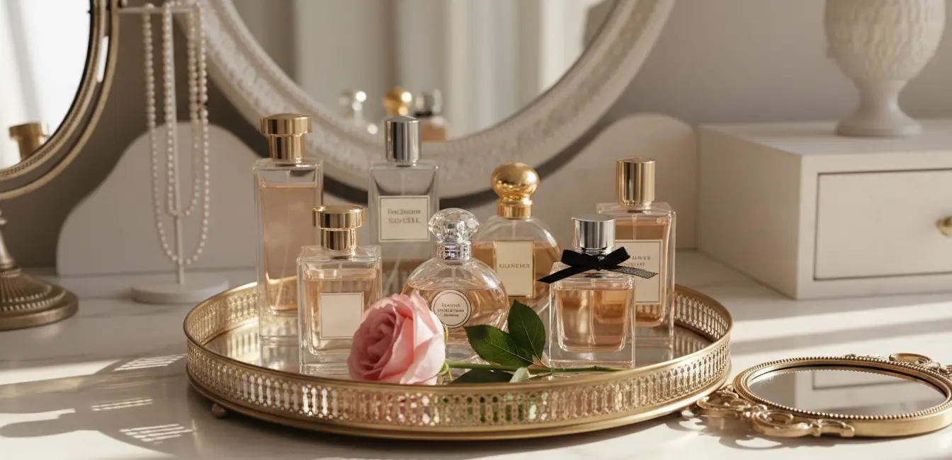 budget perfume wardrobe organized on tray multiple bottles arranged aesthetically
