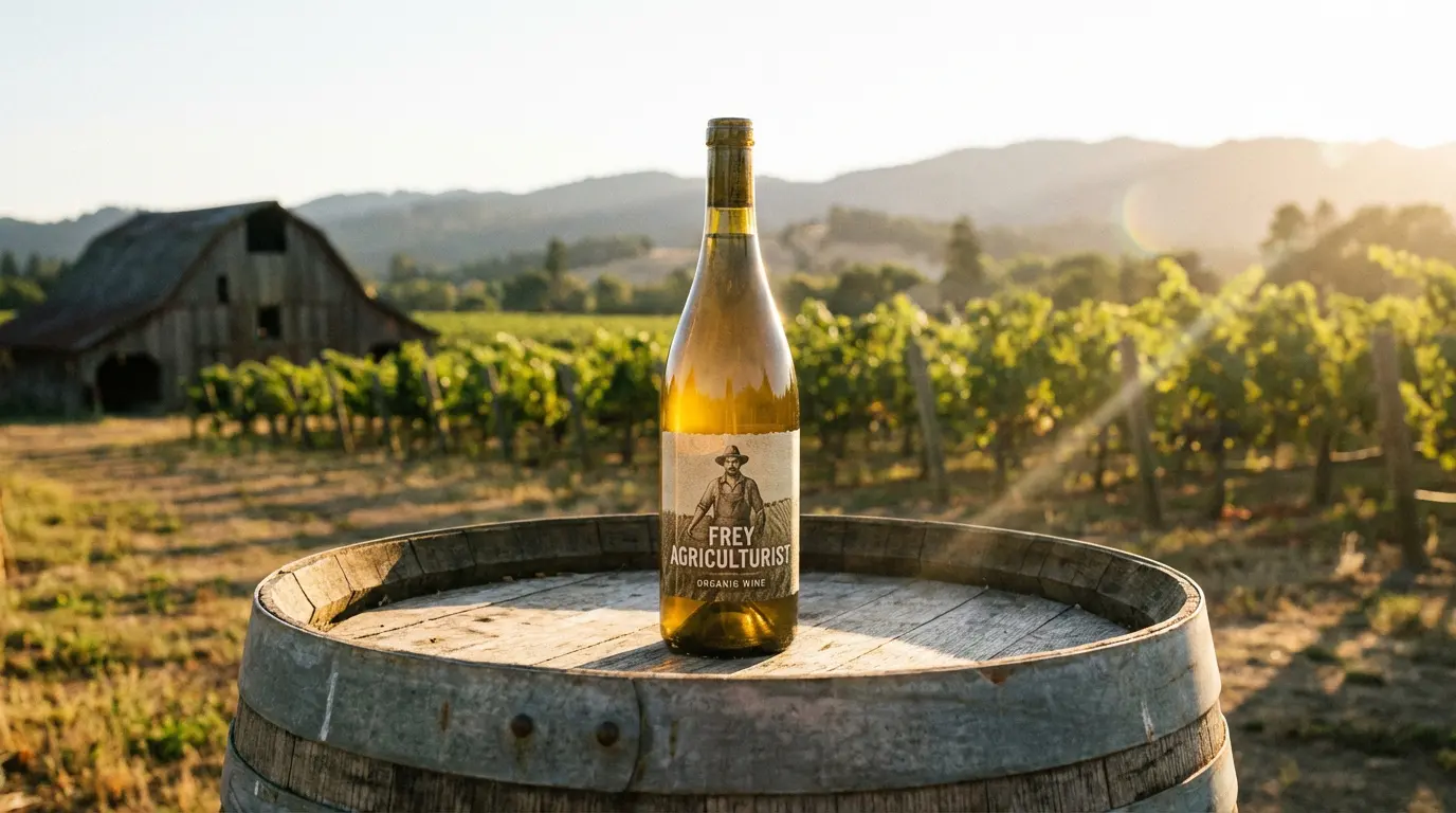 Frey Agriculturist wine bottle showcasing detailed tasting notes and specific food pairings.