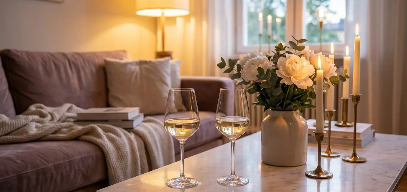 girls night in wine glasses white wine marble coffee table flowers candles cozy home setting