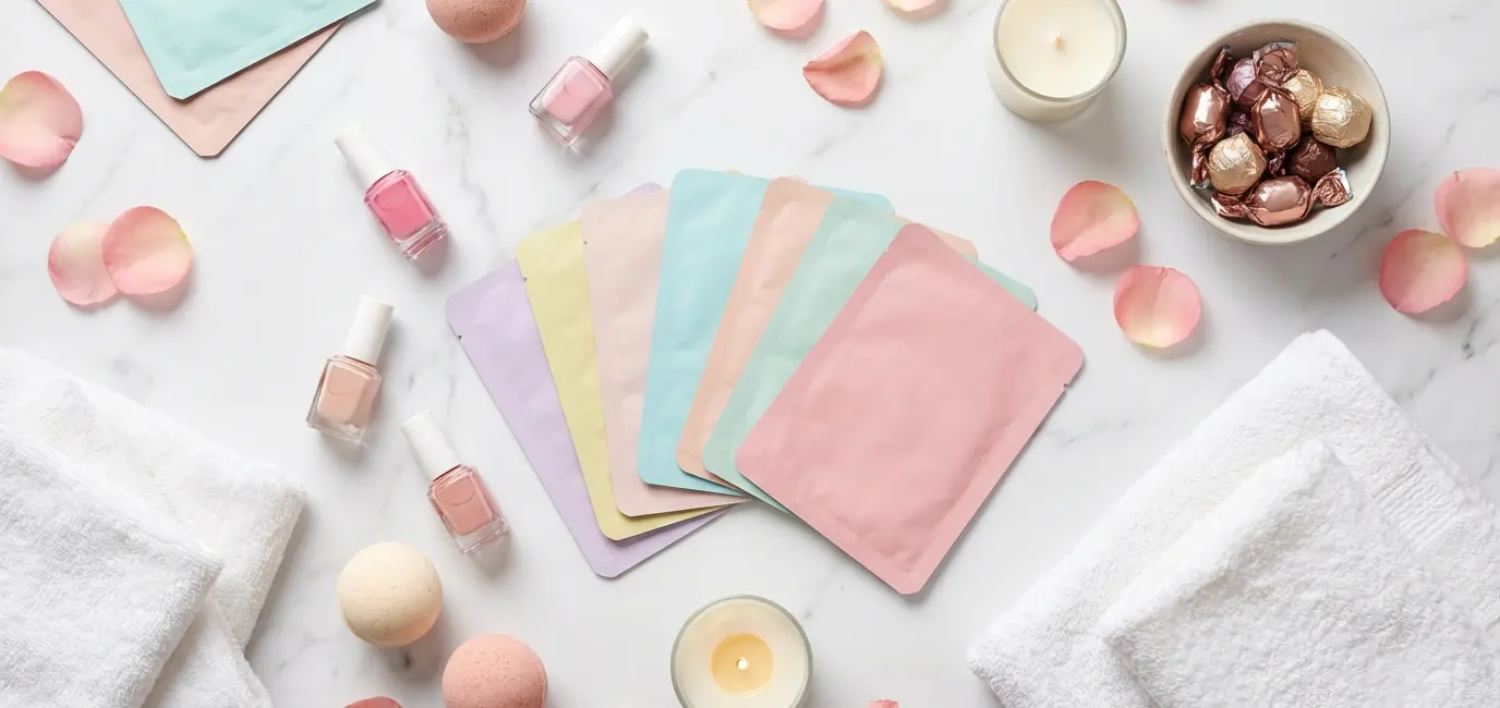 girls night in spa pampering flat lay face masks nail polish bath bombs candles rose petals