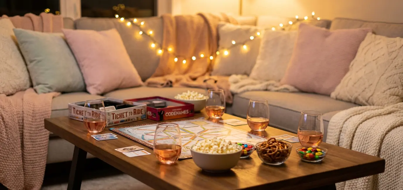 girls night in games night coffee table board game popcorn wine glasses fairy lights