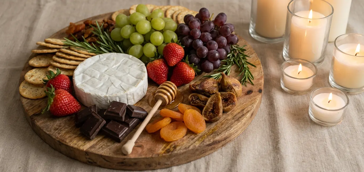 girls night in charcuterie board brie grapes strawberries crackers chocolate honey wooden board