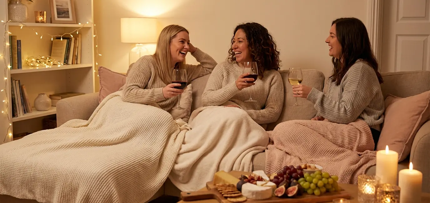 girls night in ideas cozy living room setup wine glasses fairy lights cheese board throw blankets