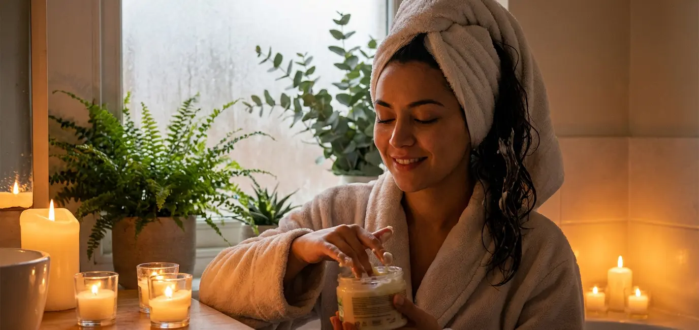 woman applying hair mask in candlelit bathroom during at home self care japanese head spa
