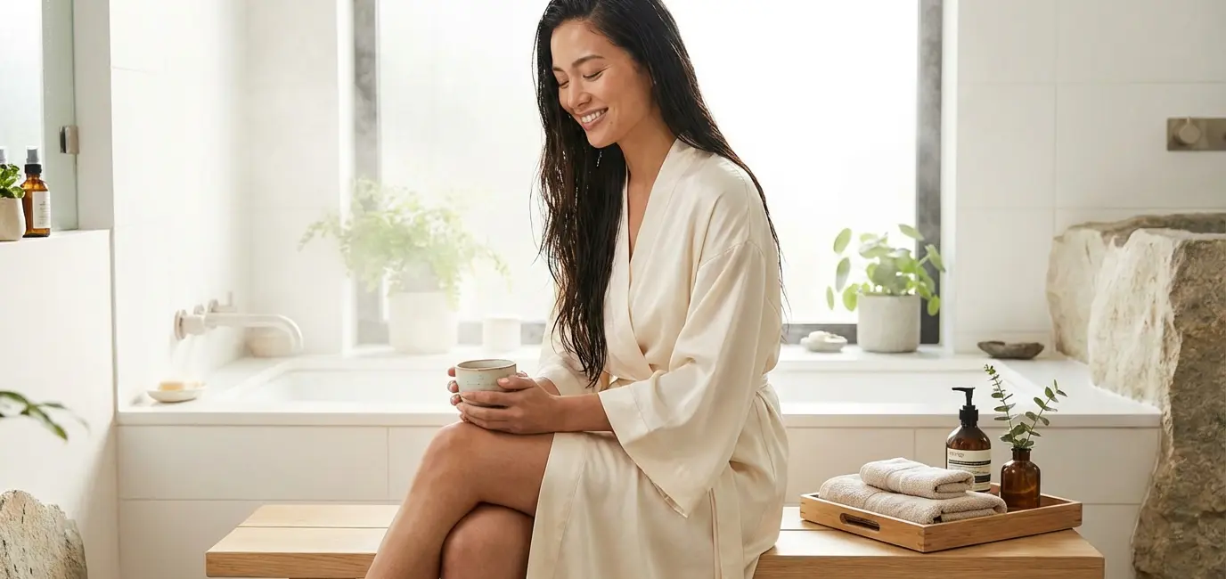 woman with glossy healthy hair after japanese head spa treatment wrapped in silk robe