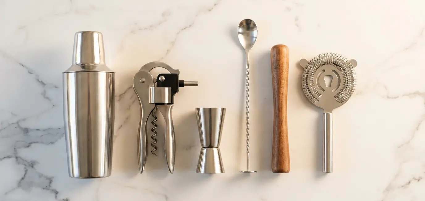 flatlay essential home bar tools cocktail shaker wine opener jigger marble counter