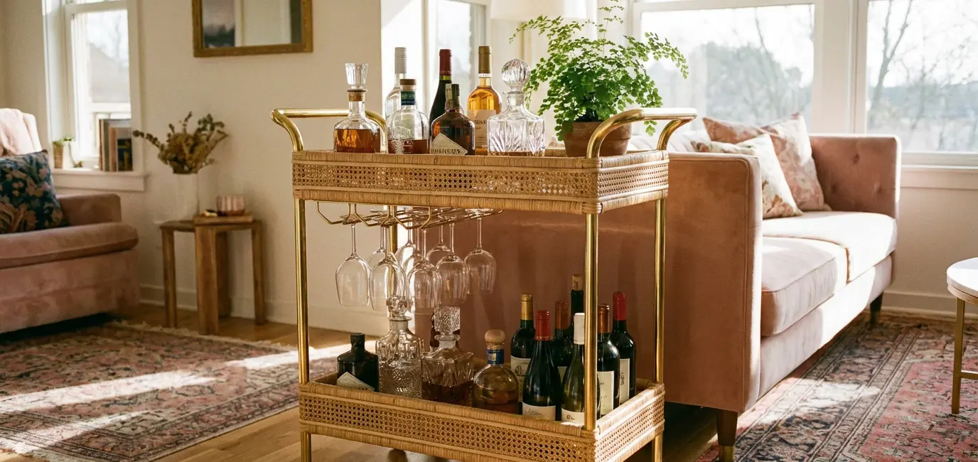 rattan gold bar cart styled living room spirits bottles wine glasses afternoon light