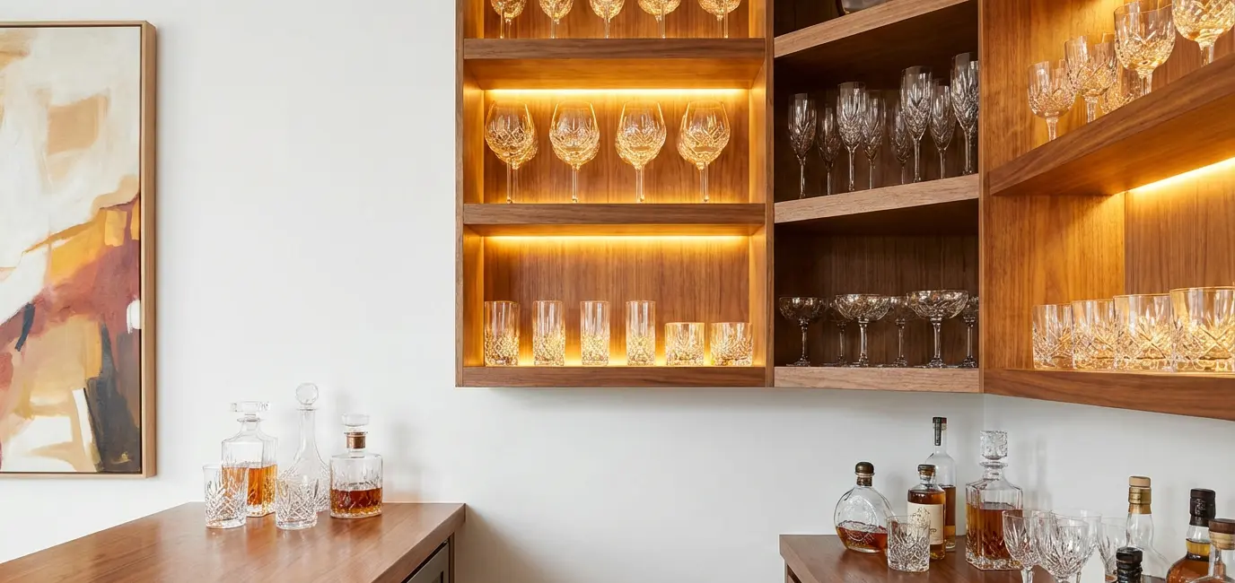 crystal wine glasses cocktail glasses home bar open shelving warm gold backlight