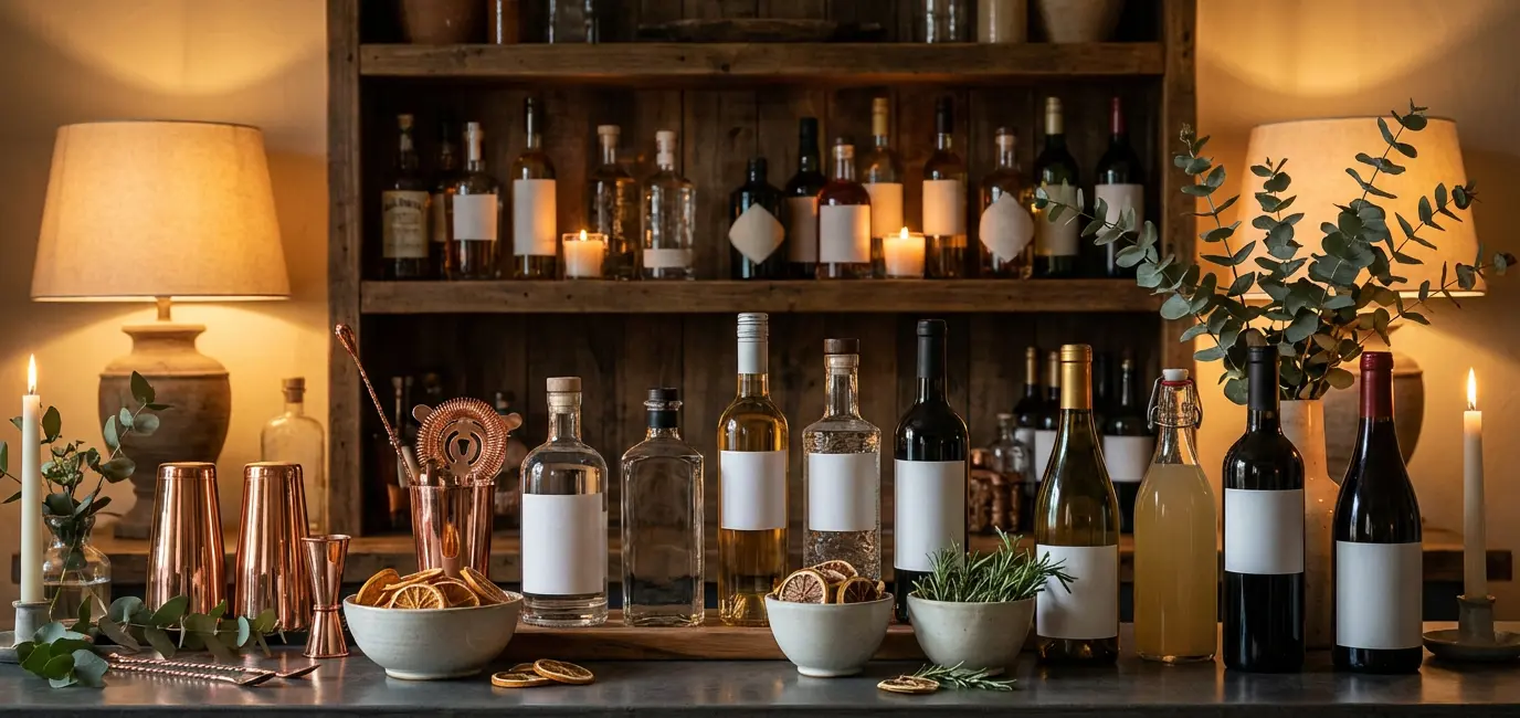 home bar on a budget spirits wine bottles cocktail mixers styled counter warm lighting