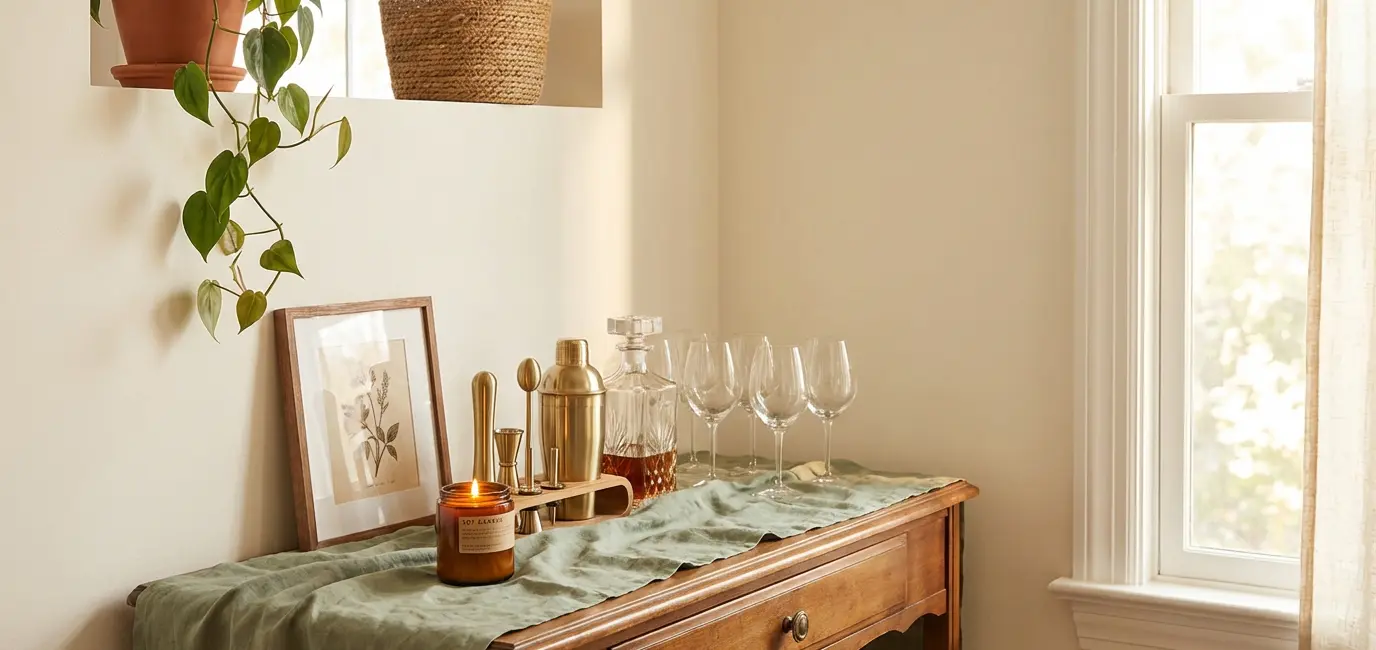 styled home bar corner sage green linen runner art print plants gold accessories budget