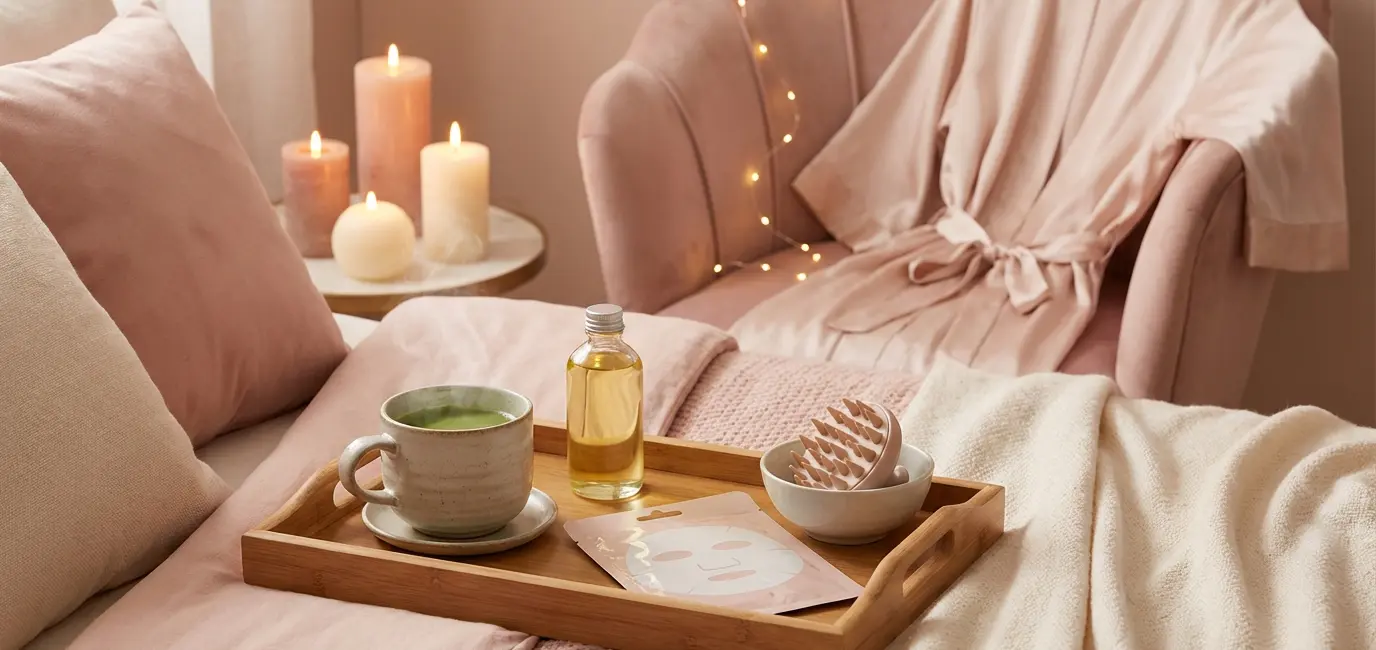 cozy self-care evening setup for japanese head spa at home with matcha silk robe and candles