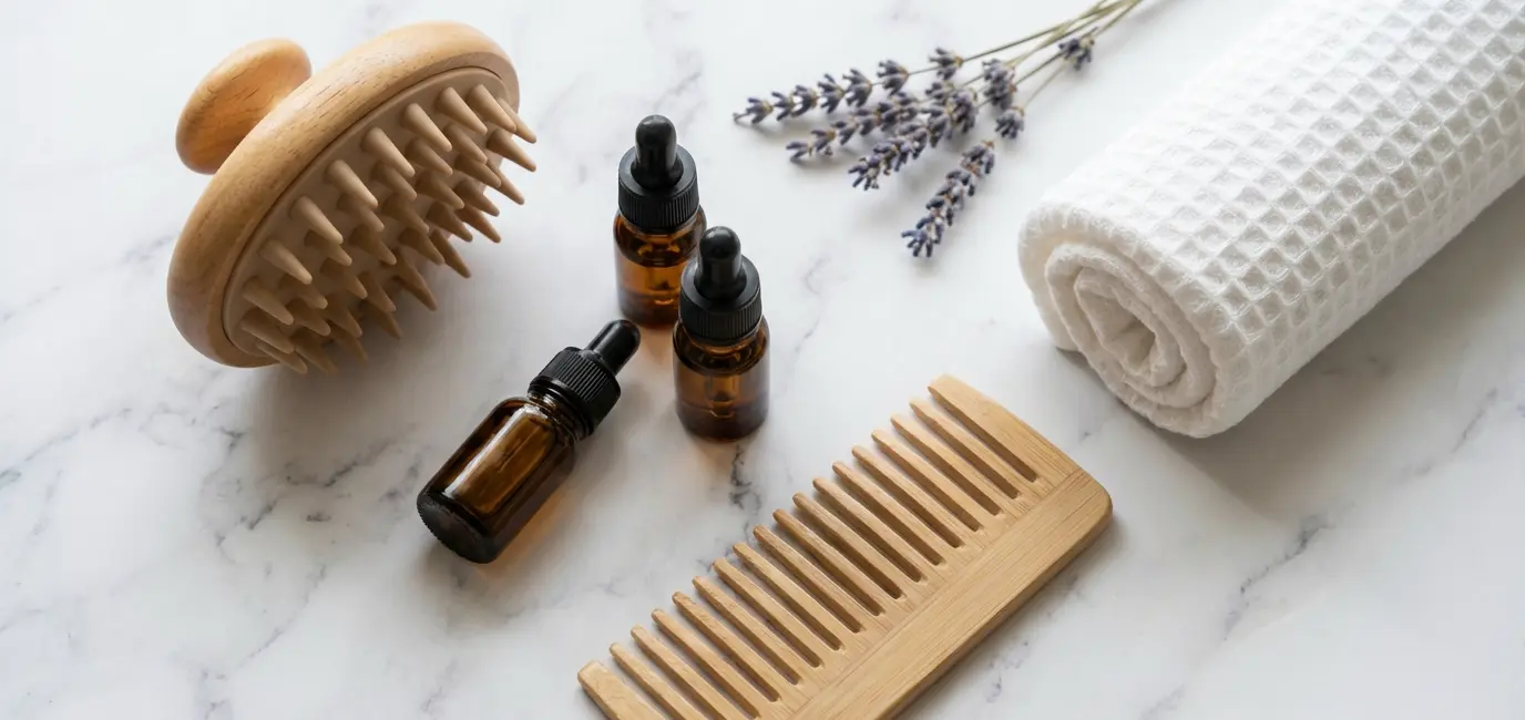 flatlay of japanese head spa products including scalp massager hair oil and bamboo comb