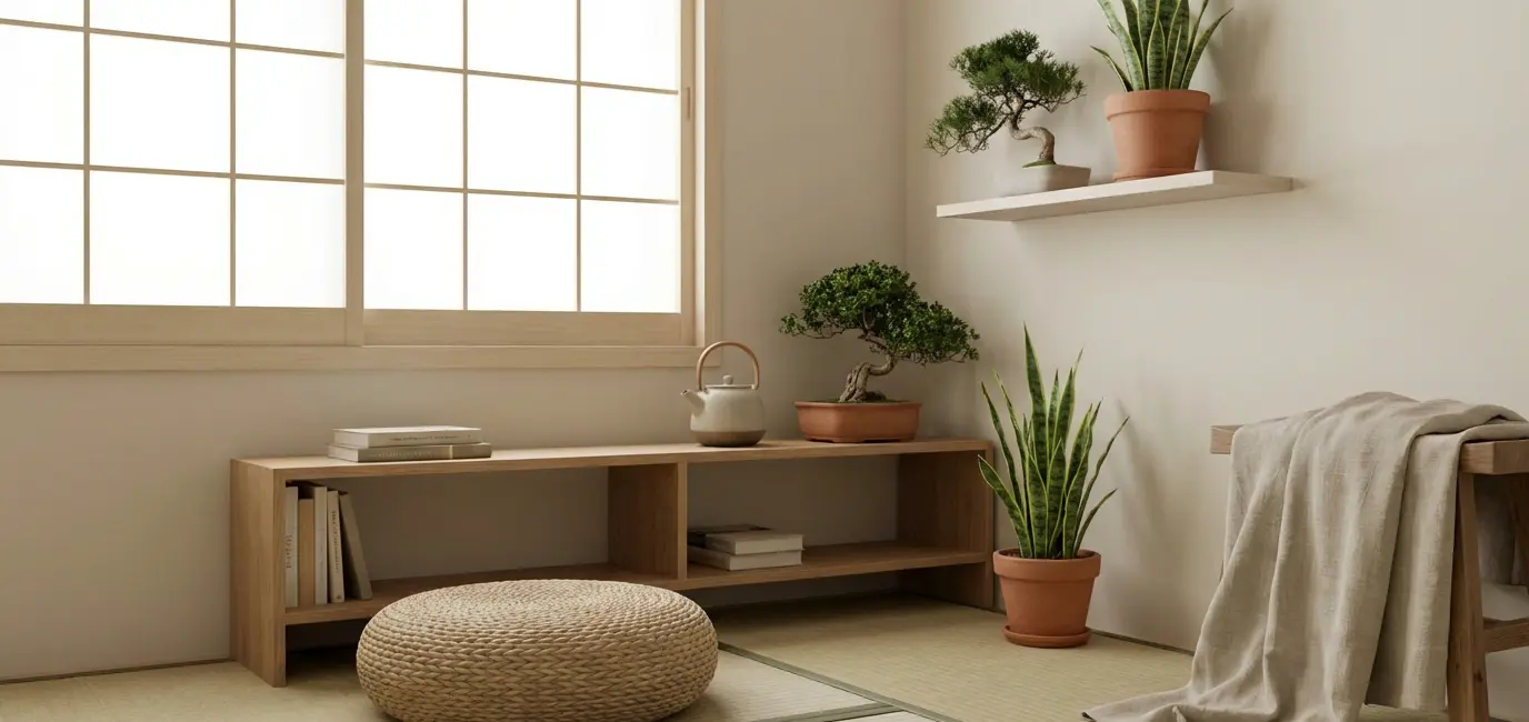 japanese-inspired reading space small corner with meditation cushion and plants