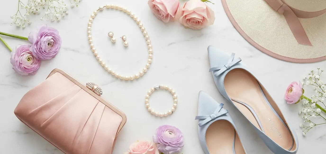 Kentucky Derby fashion accessories flat lay pearl jewelry clutch heels pastel flowers