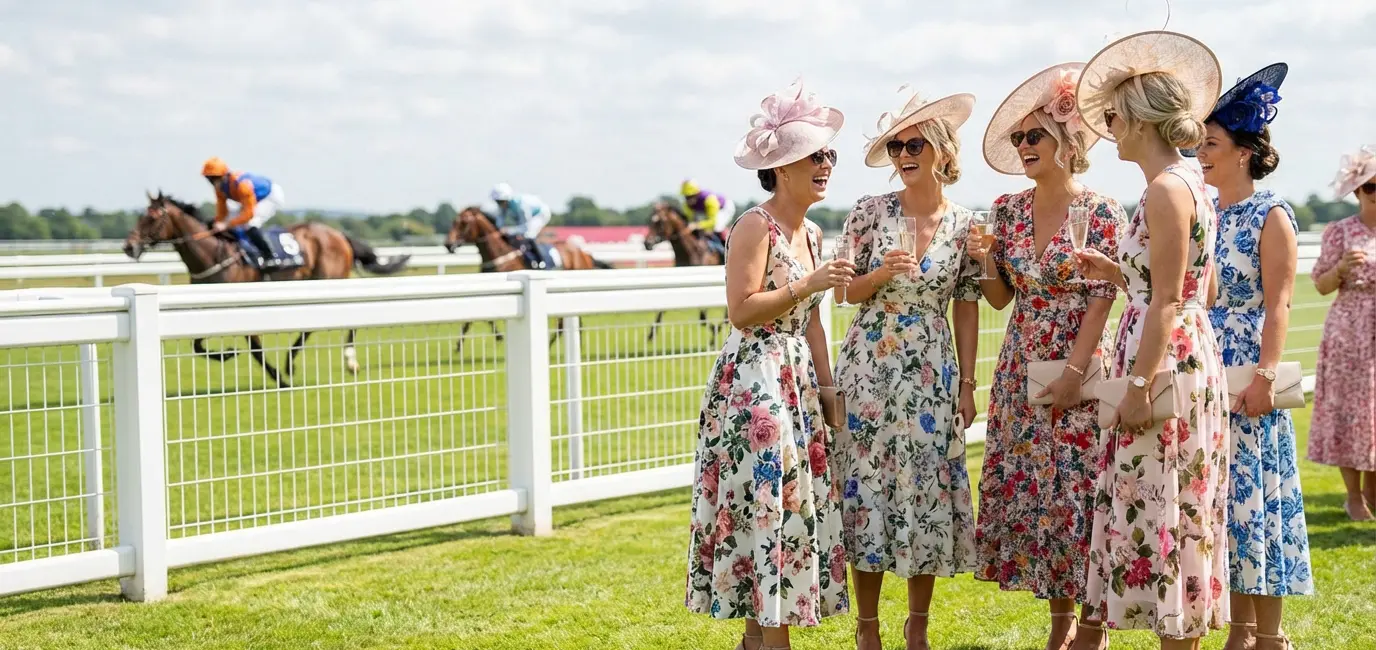 women in Kentucky Derby outfits floral midi dresses spring race day fashion champagne
