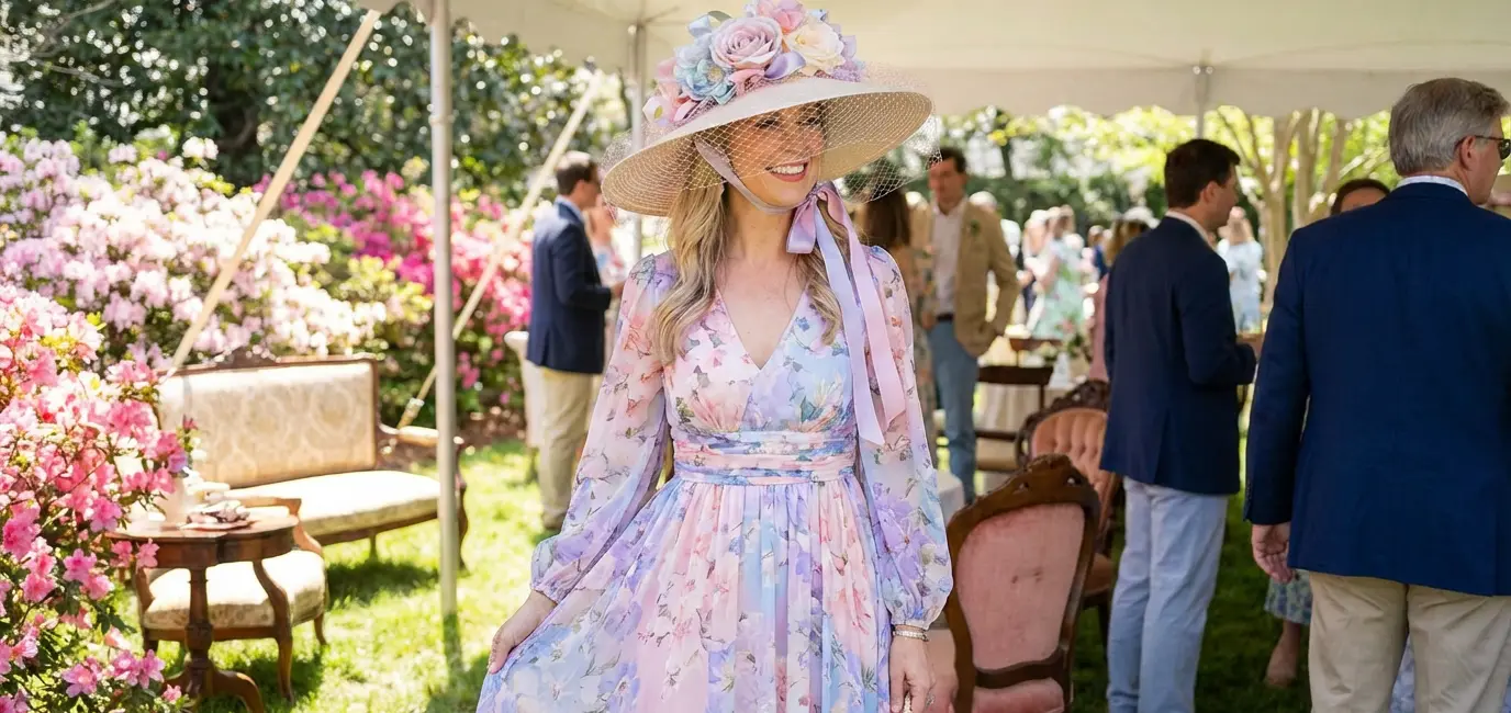 elegant woman in Kentucky Derby hat and floral dress spring fashion lifestyle