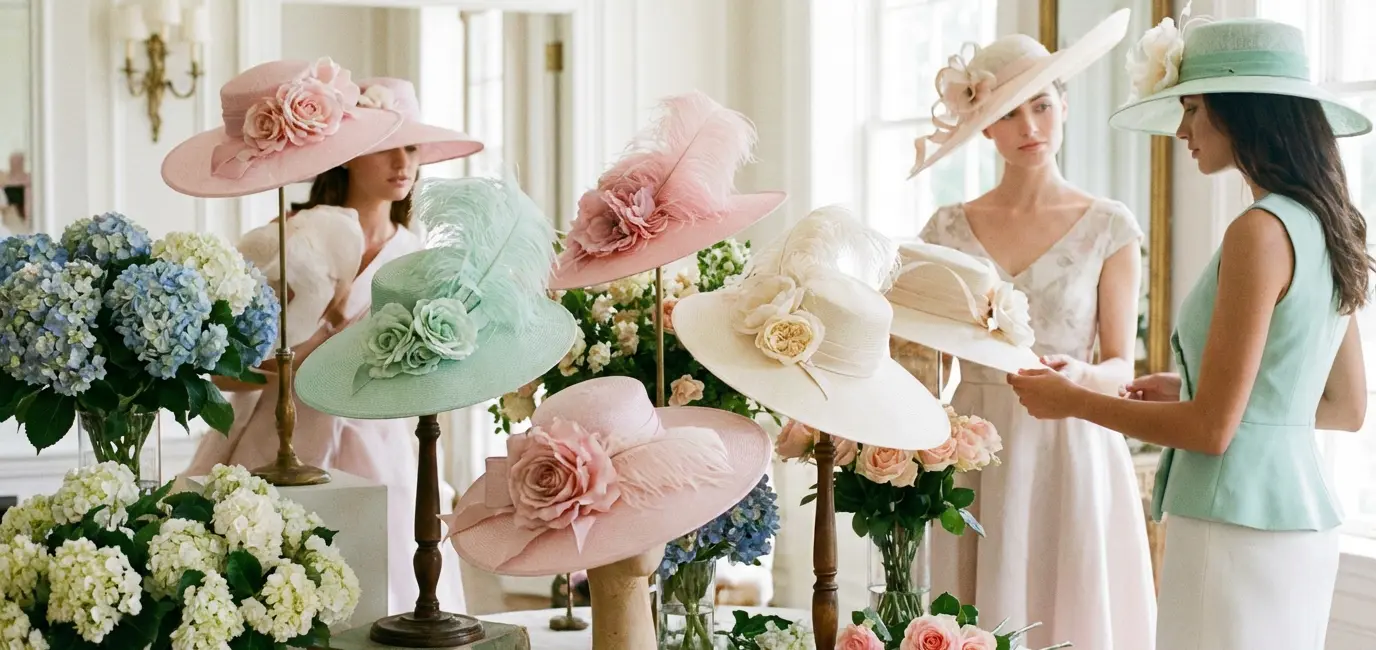 wide brim Kentucky Derby hat collection pastel pink mint green cream floral feather