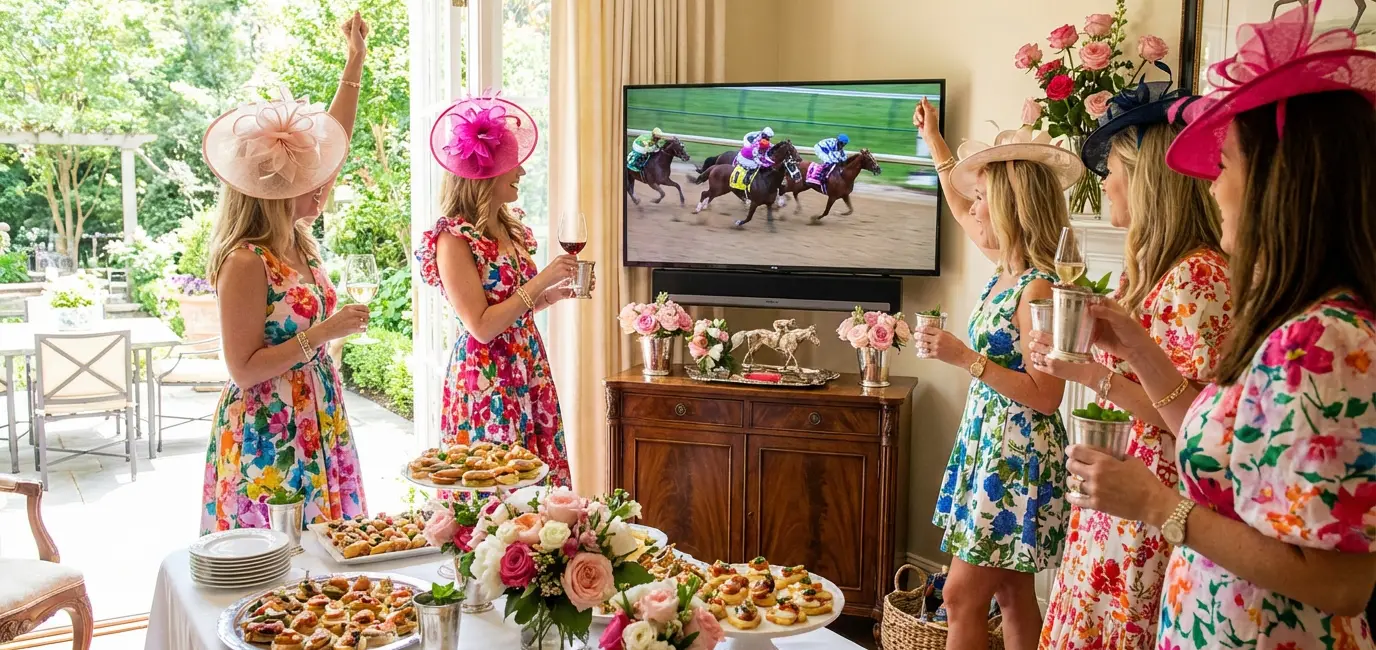elegant Kentucky Derby party at home women spring floral dresses wine glasses mint juleps