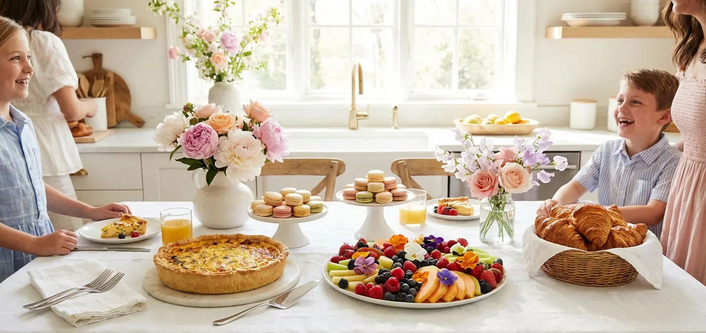 Mother's Day brunch menu ideas quiche fruit platter croissants macarons spring flowers white linen