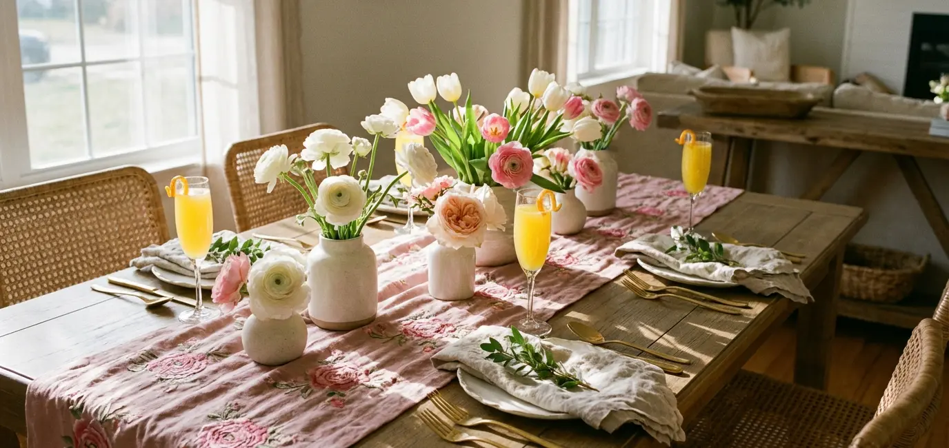 Mother's Day brunch table setting floral runner champagne flutes gold flatware linen napkins spring light
