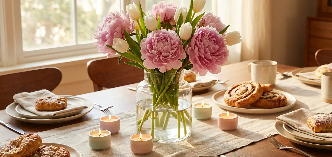 Mother's Day brunch centerpiece fresh pink peonies white tulips glass vase candles spring decor