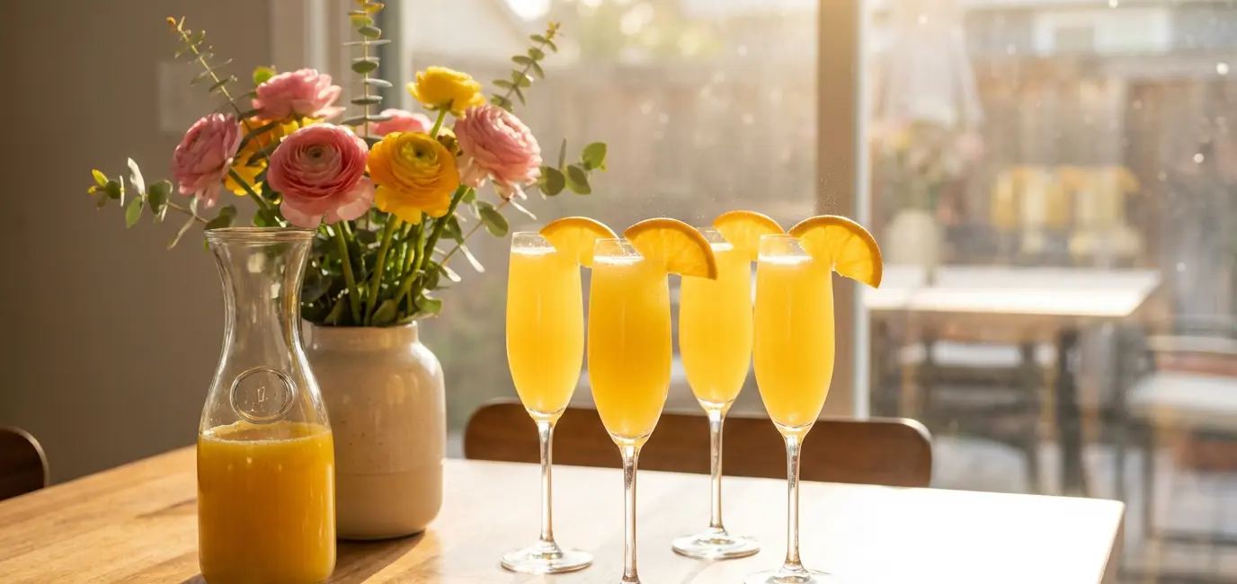 Mother's Day brunch mimosas tall champagne flutes sparkling wine orange juice flowers morning sunlight
