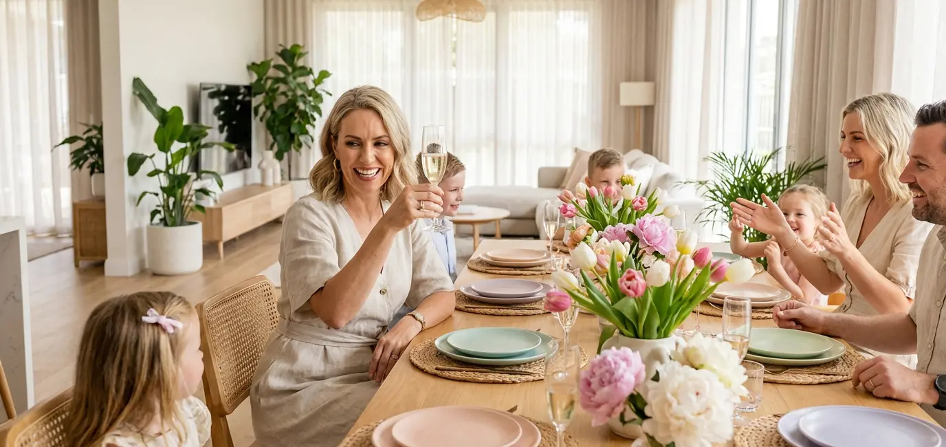 Mother's Day brunch hosting woman elegant spring table flowers guests laughing champagne
