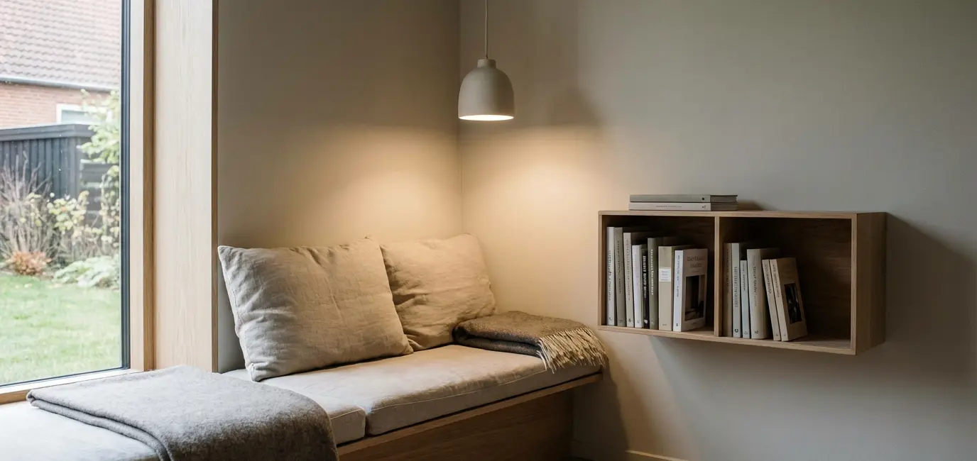 minimalist reading corner with small bookshelf cushion and pendant light