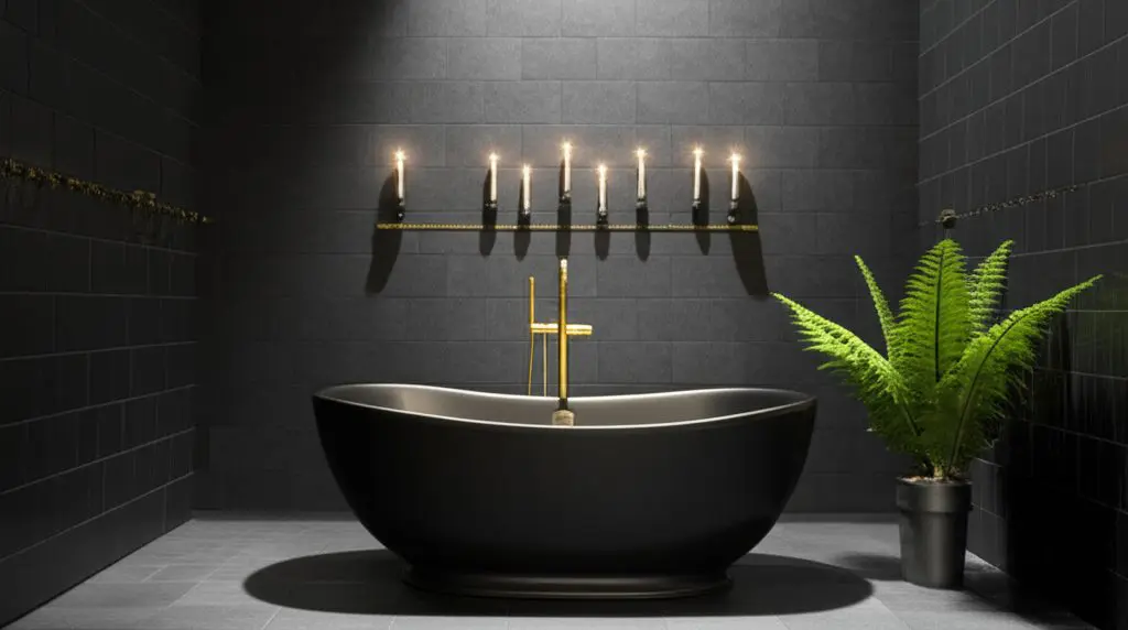 moody dark bathroom charcoal tiles black freestanding tub gold fixtures candles fern spa atmosphere