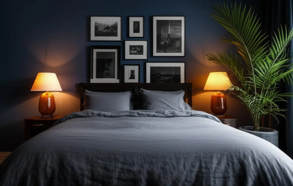 moody dark bedroom navy walls charcoal linen bedding amber lamps dark wood nightstands gallery wall