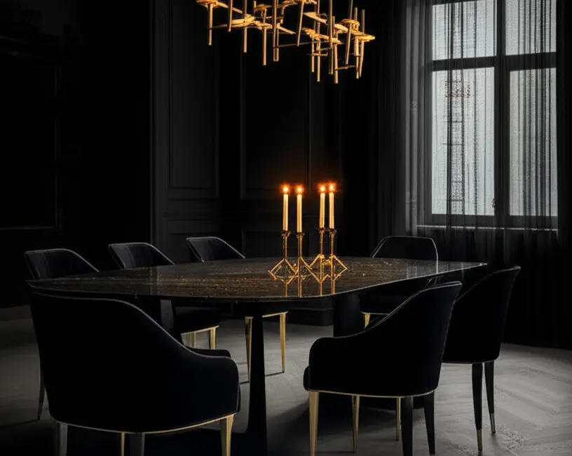 dark dramatic dining room black walls gold chandelier velvet chairs marble table candlelit moody decor