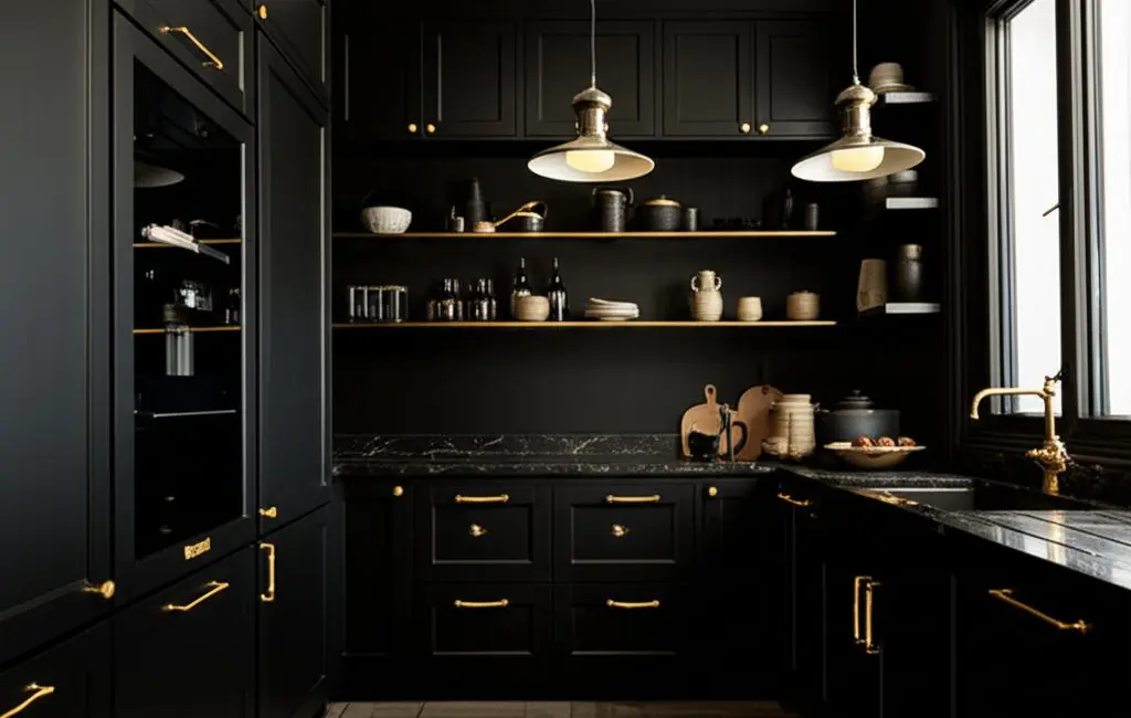 moody dark kitchen black cabinetry brass hardware dark countertops pendant lighting open shelving ceramics