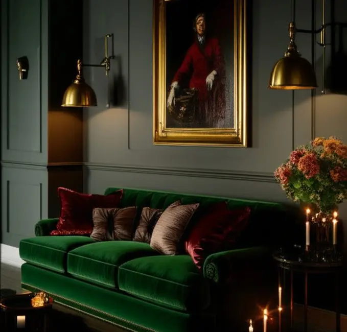 moody dark dramatic living room emerald velvet sofa charcoal walls brass lighting moody home decor