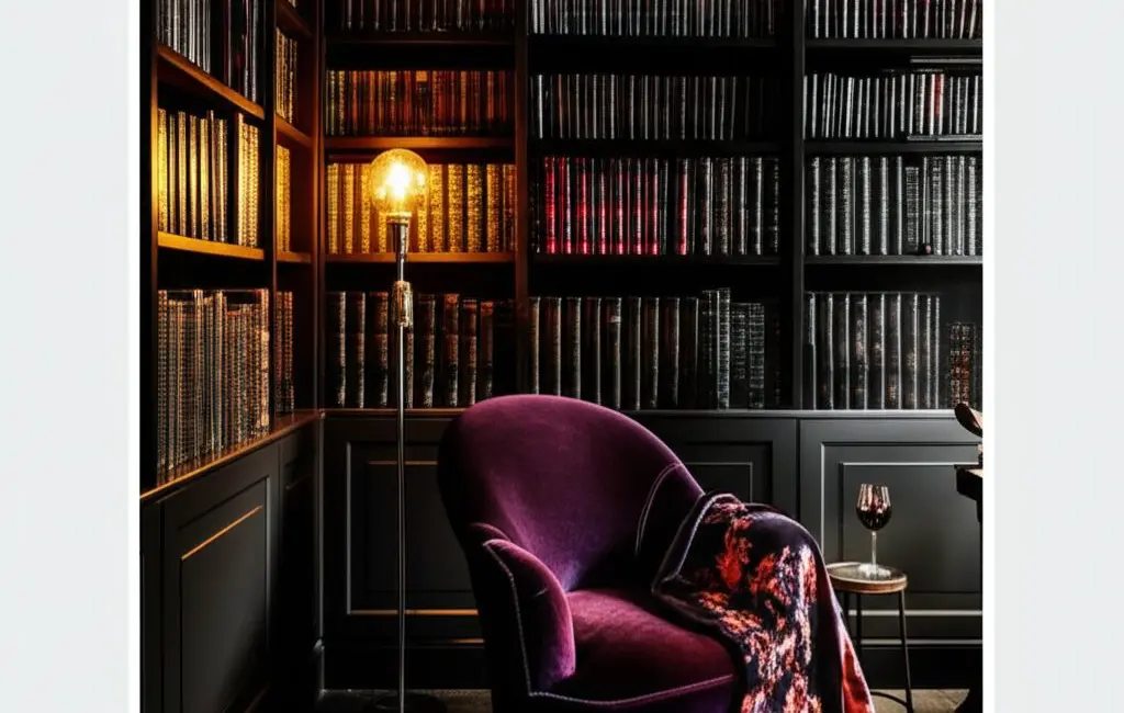 moody reading nook dark plum velvet armchair floor-to-ceiling bookshelves Edison lamp wine glass atmospheric cozy